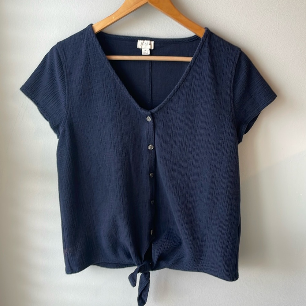 J. Crew Navy Textured Tie Front Top